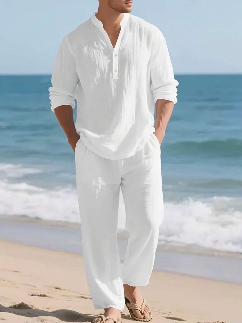 Men's White Long-Sleeve Linen Henley Shirt - Picture 3 of 5